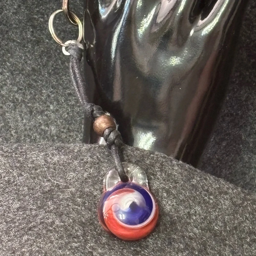 Red, White and Blue Marble Swirl Glass Pendant on Black Cord Keychain